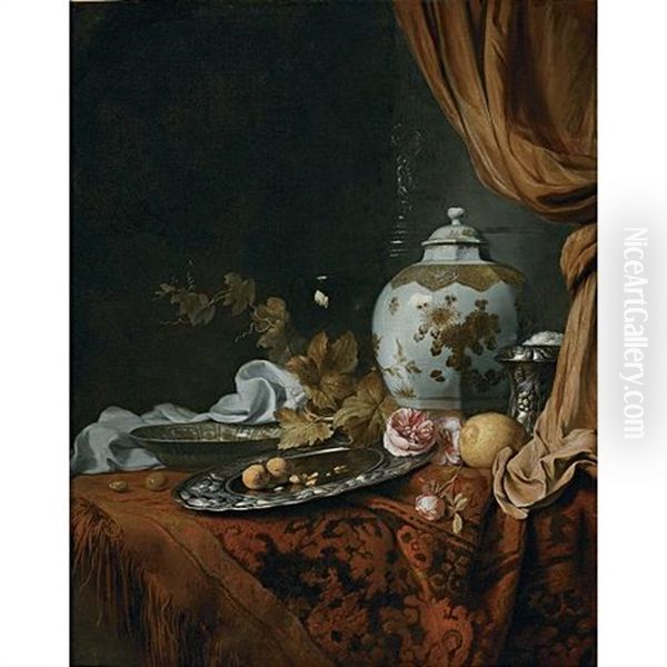 A Blue And White Facetted Vase, A Rose And Walnuts On A Pewter Plate, A Wanli Kraak Porcelain Bowl, A Silver Wine Cooler, A Wineglass, A Glass, A Lemon And Roses On A Draped Table Oil Painting by Joseph de Bray