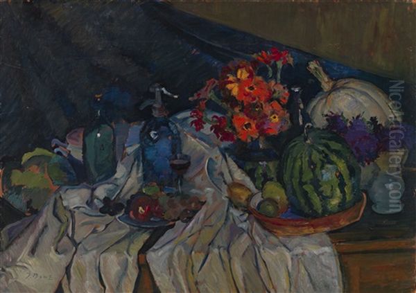 Still Life With Watermelon And Flowers Oil Painting by Osip Emmanuelovich Braz