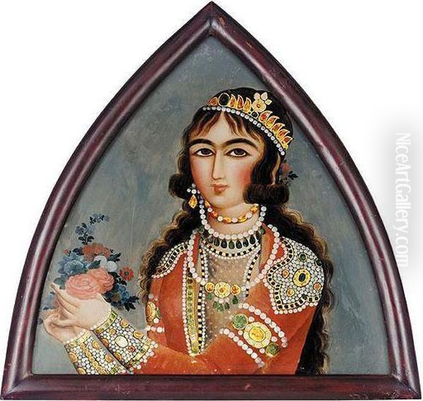 Reverse-glass Painting Of A Jewelled Maiden Holding A Small Bouquet Of Flowers, Persia, Qajar, Style Of Mihr Ali, Early 19th Century Oil Painting by Mihr Ali