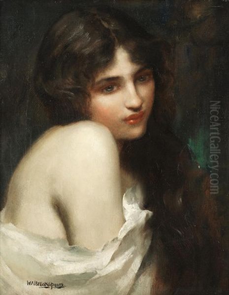 Portrait Of A Young Lady With Long Dark Hair And A White Shawl Oil Painting by William A. Breakspeare