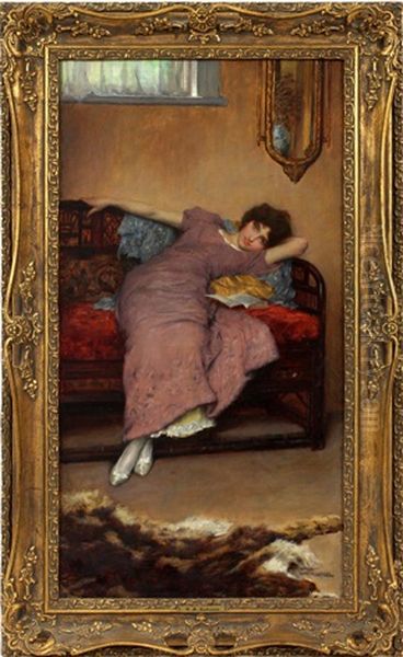 Reclining Young Lady In Purple Oil Painting by William A. Breakspeare