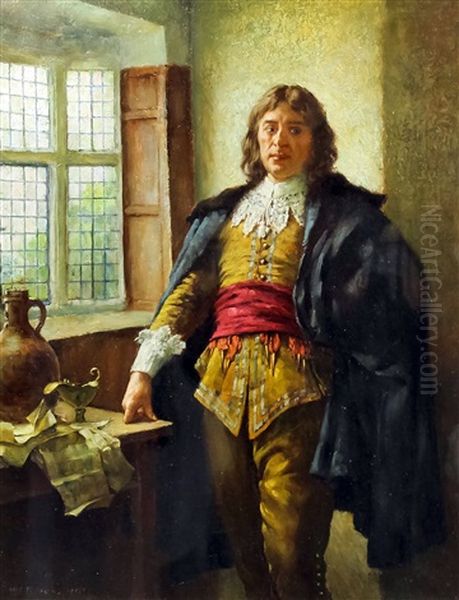 17th Century Interior Scene With A Gentleman Standing Before A Table Oil Painting by William A. Breakspeare