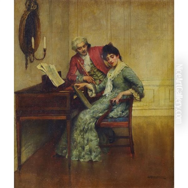 At The Spinet Oil Painting by William A. Breakspeare