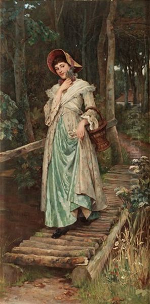 Ung Kvinna Pa En Bro Oil Painting by William A. Breakspeare