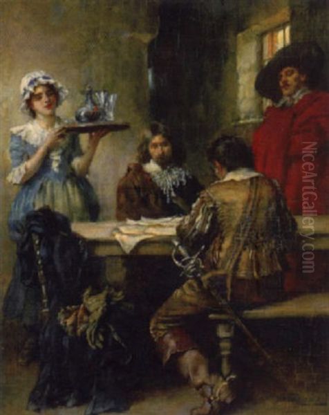 Historische Szene: Das Treffen Von Drei Herren In Einem Wirtshaus Oil Painting by William A. Breakspeare