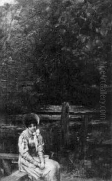 Woman Sitting On A Park Bench Oil Painting by William A. Breakspeare