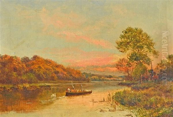 Lake Scene With Boat Oil Painting by Alfred de Breanski Sr