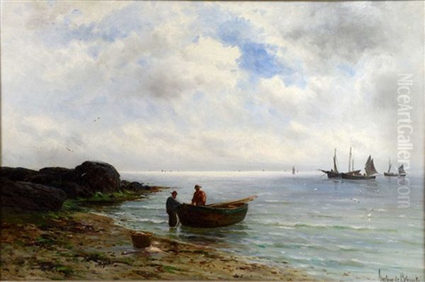 Fishermen On A Sea Shore With A Rowing Boat by Gustave de Breanski