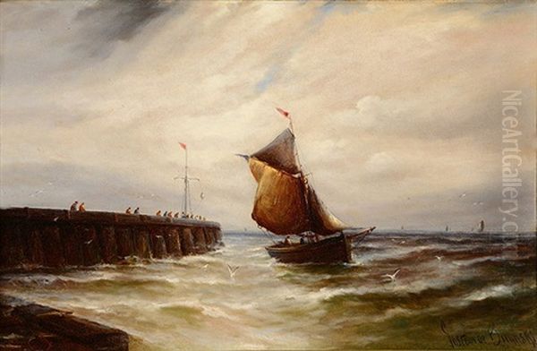 Fishing Boats Off A Pier Oil Painting by Gustave de Breanski