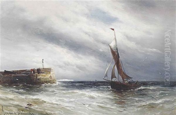 A Fishing Smack Coming Into Harbour, A Squall Approaching Oil Painting by Gustave de Breanski