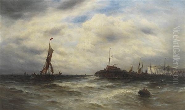 A Fishing Trawler Entering Harbour Oil Painting by Gustave de Breanski