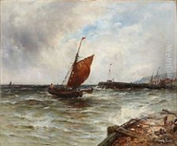 Fishing Boats Running To Harbour Isle Of Man Oil Painting by Gustave de Breanski