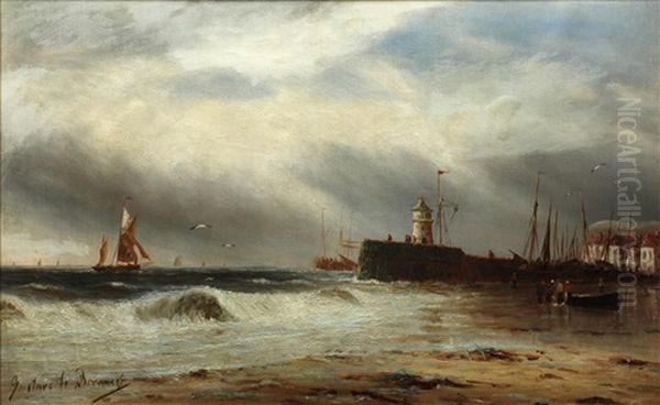 Coastal Scene With Pier And Lighthouse Oil Painting by Gustave de Breanski