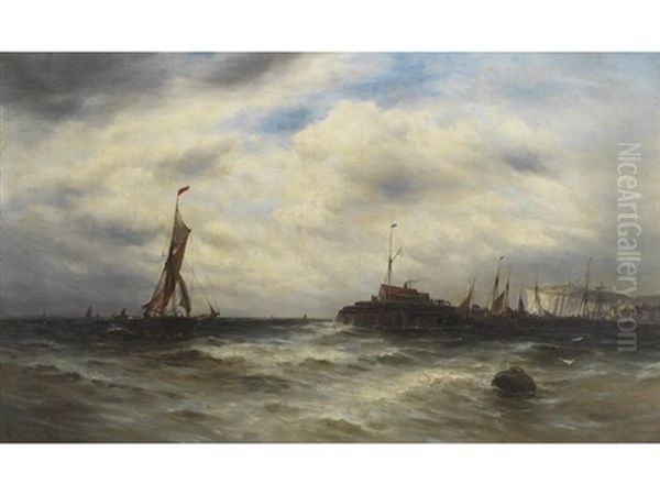 A Fishing Trawler Entering Harbour Oil Painting by Gustave de Breanski