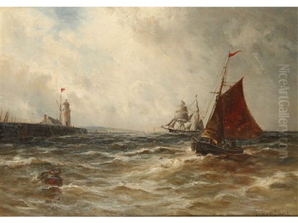 Sailing Boats Entering A Harbour, In A Choppy Sea Oil Painting by Gustave de Breanski