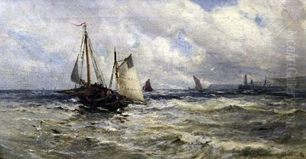 Fishing Boats Off The Coast Oil Painting by Gustave de Breanski