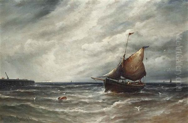 A Fishing Boat Running Into The Harbour At Newhaven And A Fishing Boat Tacking Inshore Off The Pier At Newhaven (pair) Oil Painting by Gustave de Breanski