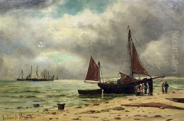 Moored Fishing Boat With Figures To Beach Oil Painting by Gustave de Breanski