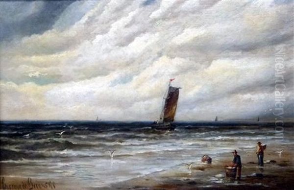 Seascape, Fishing Boats With Figures On Beach Oil Painting by Gustave de Breanski