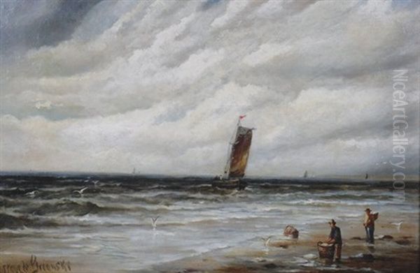 Seascape With Figures On The Shore Oil Painting by Gustave de Breanski