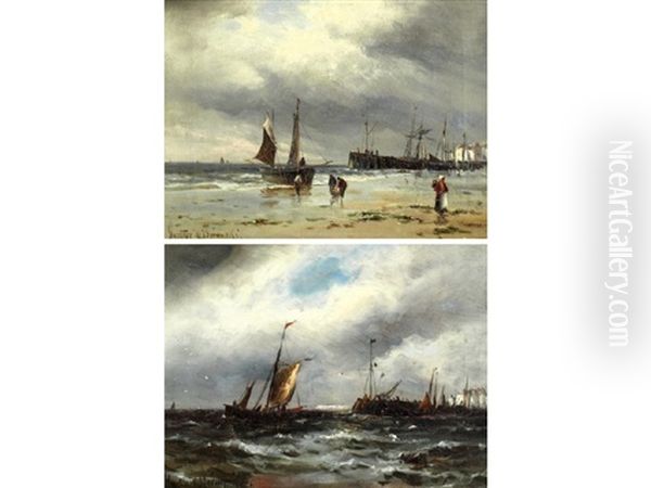 Shore Scene With Fisherfolk, A Harbour Beyond Oil Painting by Gustave de Breanski