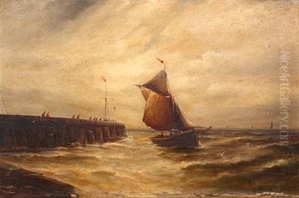 Fishing Boat Off A Jetty (+ Another;  Pair) Oil Painting by Gustave de Breanski