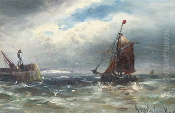 A Fisherman Coming Into Port (+ Becalmed In The Channel; Pair) Oil Painting by Gustave de Breanski