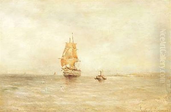 A Seascape With A Sailing Ship And A Steamer Oil Painting by Gustave de Breanski