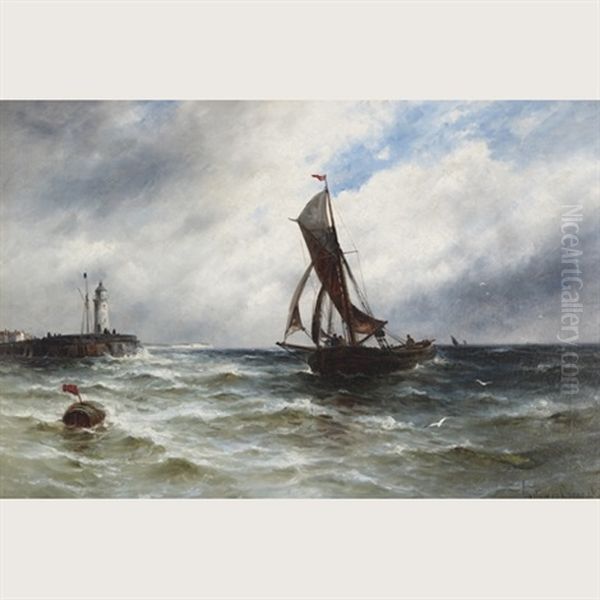 Fishing Boats Nearing A Lighthouse Oil Painting by Gustave de Breanski