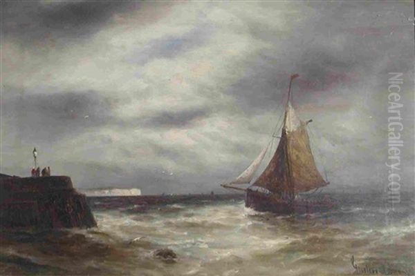 A Fishing Smack Off A Headland Oil Painting by Gustave de Breanski