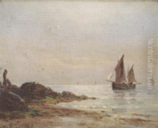 Shipping Off A Coastline Oil Painting by Gustave de Breanski