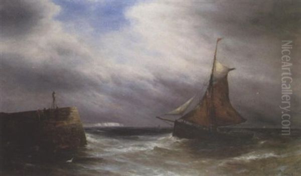 Fishing Boat Off The Coast Oil Painting by Gustave de Breanski