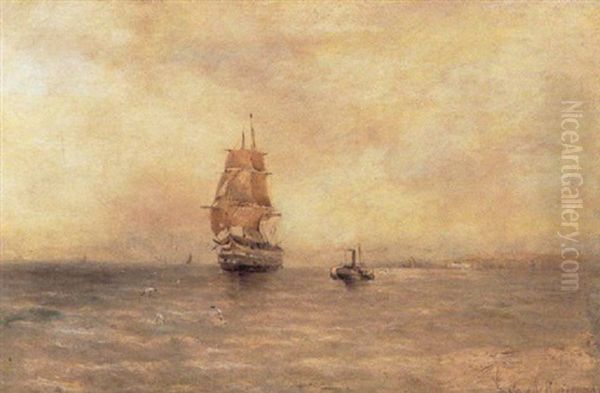 Marine Med Sejlskibe Og Hjuldamper Oil Painting by Gustave de Breanski