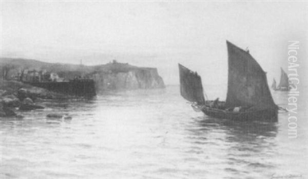 Fishing Boats Off A Harbour Oil Painting by Gustave de Breanski