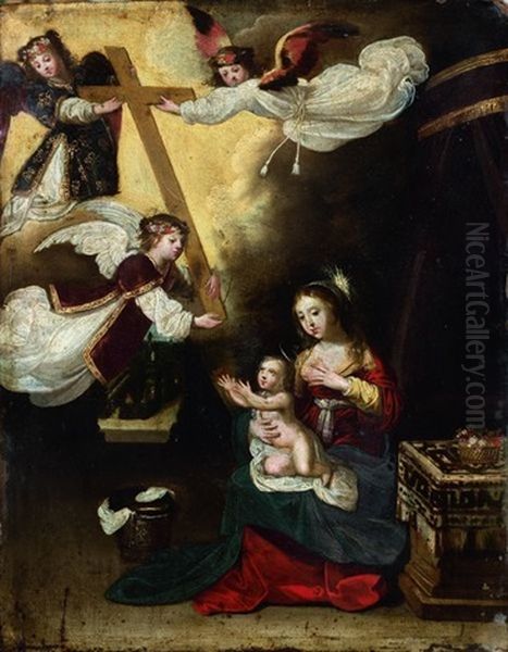 Les Anges Presentent A L'enfant Jesus Les Instruments De La Passion Oil Painting by Pierre Brebiette