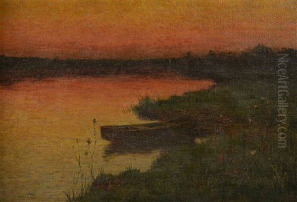 French River Landscape At Sunset With Punt Oil Painting by Hugh Henry Breckenridge