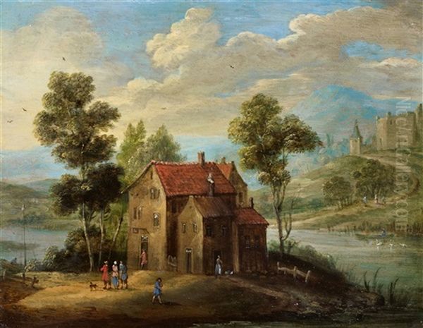 River Landscape With A Farmstead Oil Painting by Jan Frans van Bredael the Elder