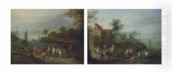 A Village With A Horse-drawn Cart And Figures Embarking On A Ferry (+ A River Landscape With Fishermen Selling Their Catch Near A Village; Pair) Oil Painting by Jan Frans van Bredael the Elder