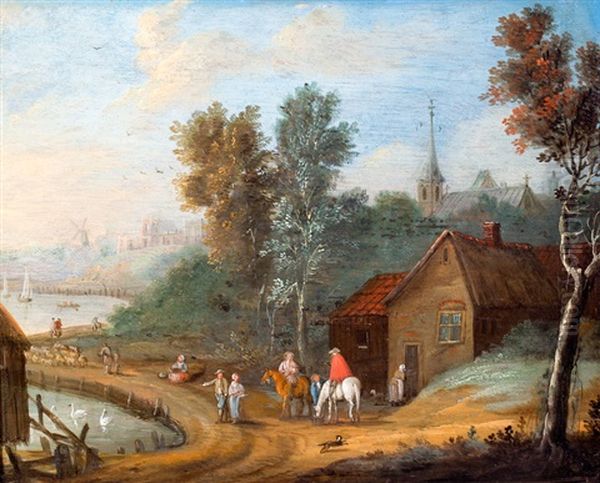 Wandelaars En Ruiters Aan Rivieroever Bij Een Stad Oil Painting by Jan Frans van Bredael the Elder