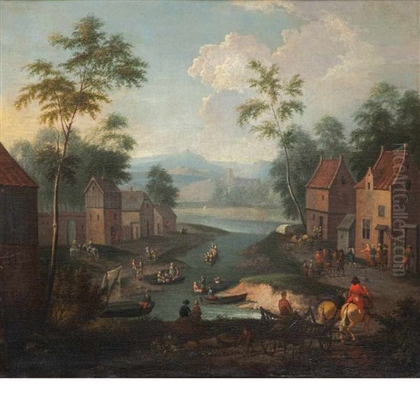 Landscape With Figures In A Village Beside A River Oil Painting by Jan Frans van Bredael the Elder