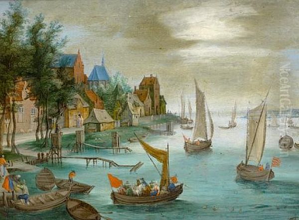 Figures Disembarking Boats Before A River Landscape Oil Painting by Jan Frans van Bredael the Elder