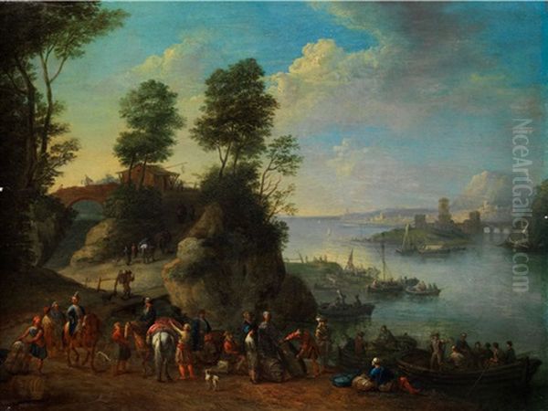 Flusslandschaft Mit Reitern Und Booten Oil Painting by Jan Frans van Bredael the Elder