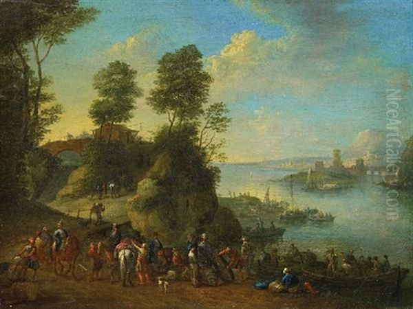 Flusslandschaft Mit Reitern Und Booten Oil Painting by Jan Frans van Bredael the Elder