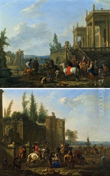 Aufbruch Zur Falkenjagd (+ Rast Einer Jagdgesellschaft Mit Hufschmied; Pair) Oil Painting by Jan Frans van Bredael the Elder