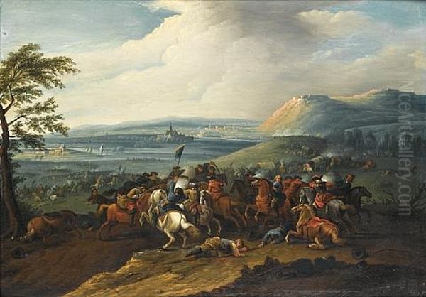 A Cavalry Skirmish (+ A Cavalry Skirmish Before An Extensive Landscape; Pair) Oil Painting by Jan Frans van Bredael the Elder