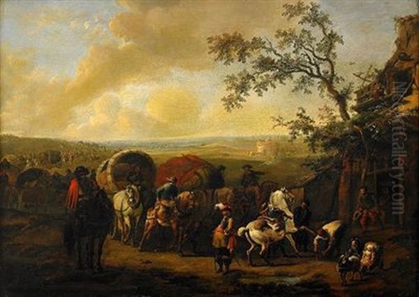 Hastmarknad Med Resande Vid Talt (+ Hastkonvoj Med Handlare Och Horvslagare Vid Vardshus; Pair) Oil Painting by Jan Frans van Bredael the Elder