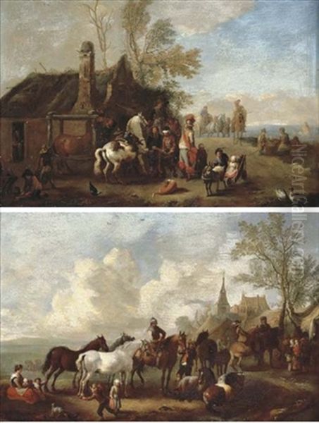 An Extensive Landscape With A Blacksmith And A Farrier And Horsemen On A Path (+ The Horse Fair At Valkenburg; Pair) Oil Painting by Jan Frans van Bredael the Elder