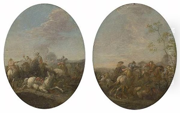 A Calvary Skirmish (+ Another, Similar; Pair) Oil Painting by Jan Frans van Bredael the Elder