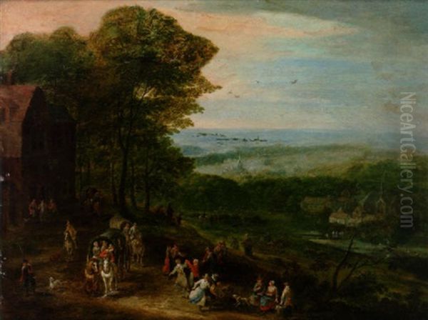 Figures And Carts On A Track Near A Hamlet Oil Painting by Jan Frans van Bredael the Elder