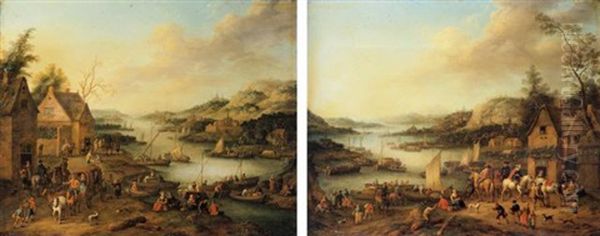 A River Landscape With Boats And A Coach Party Departing Oil Painting by Jan Frans van Bredael the Elder